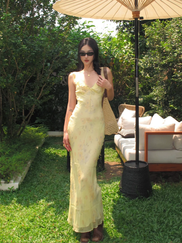 Cute Sheath Straps Print Floral Yellow Chiffon Long Party Dress Wedding Guest Dress HZ1023